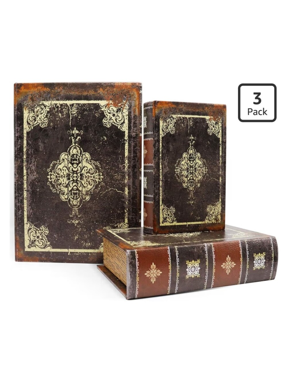 NWT 3-Pack Vintage Style Faux Book Storage Boxes In Brown 10.7", 8.7", 6.9"